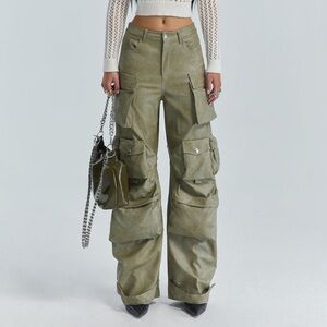 THE KRIPT Pixley Multi pockets PU Leather Wide Leg High Rise Khaki Cargo Pants
